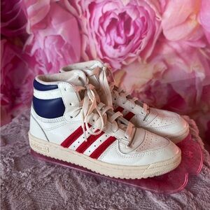 Stylish Adidas’s Classic High-Top Sneakers - White, Red, and Blue